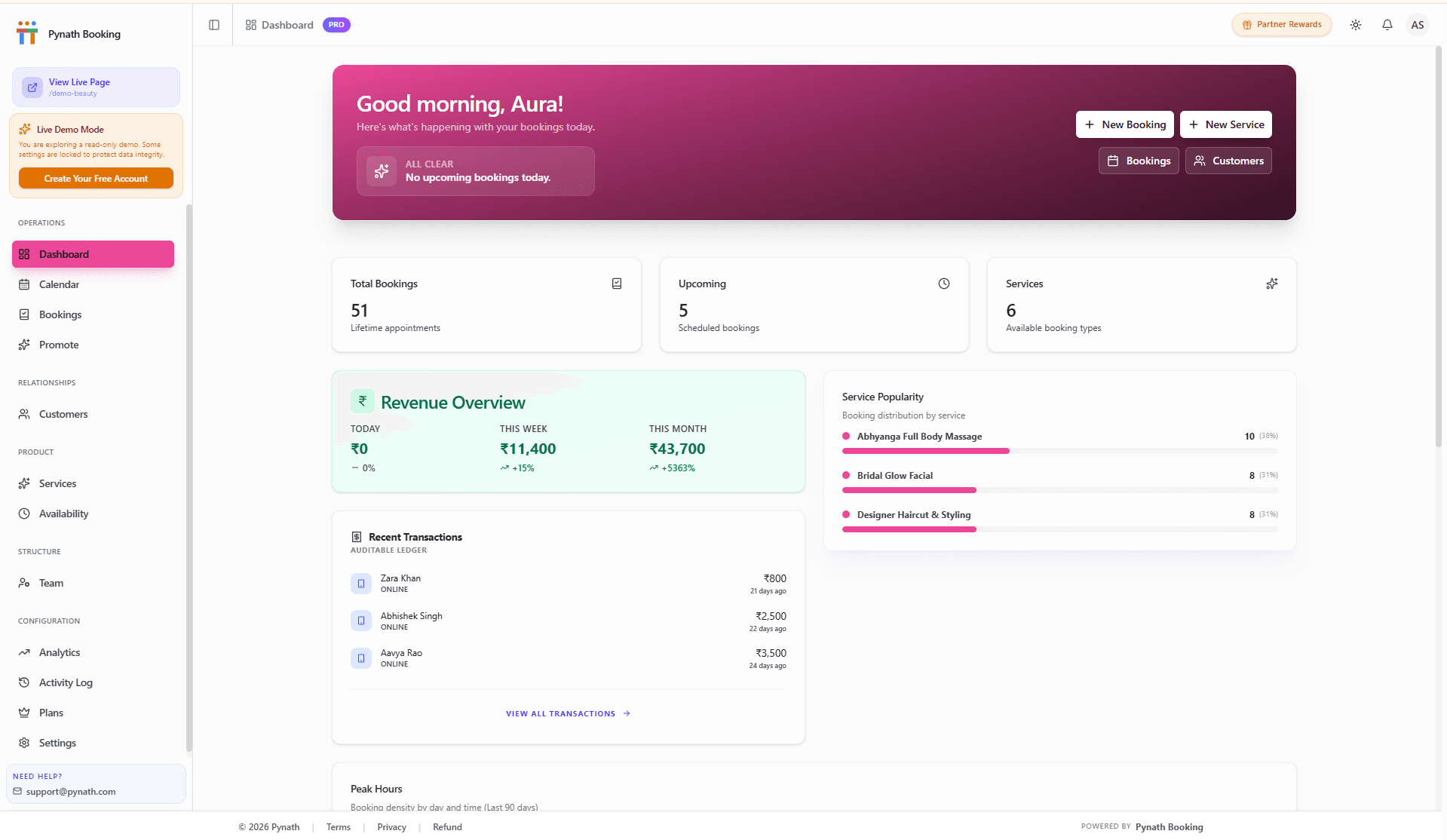 Pynath Booking real-time dashboard showing business analytics and staff management in a professional browser view.