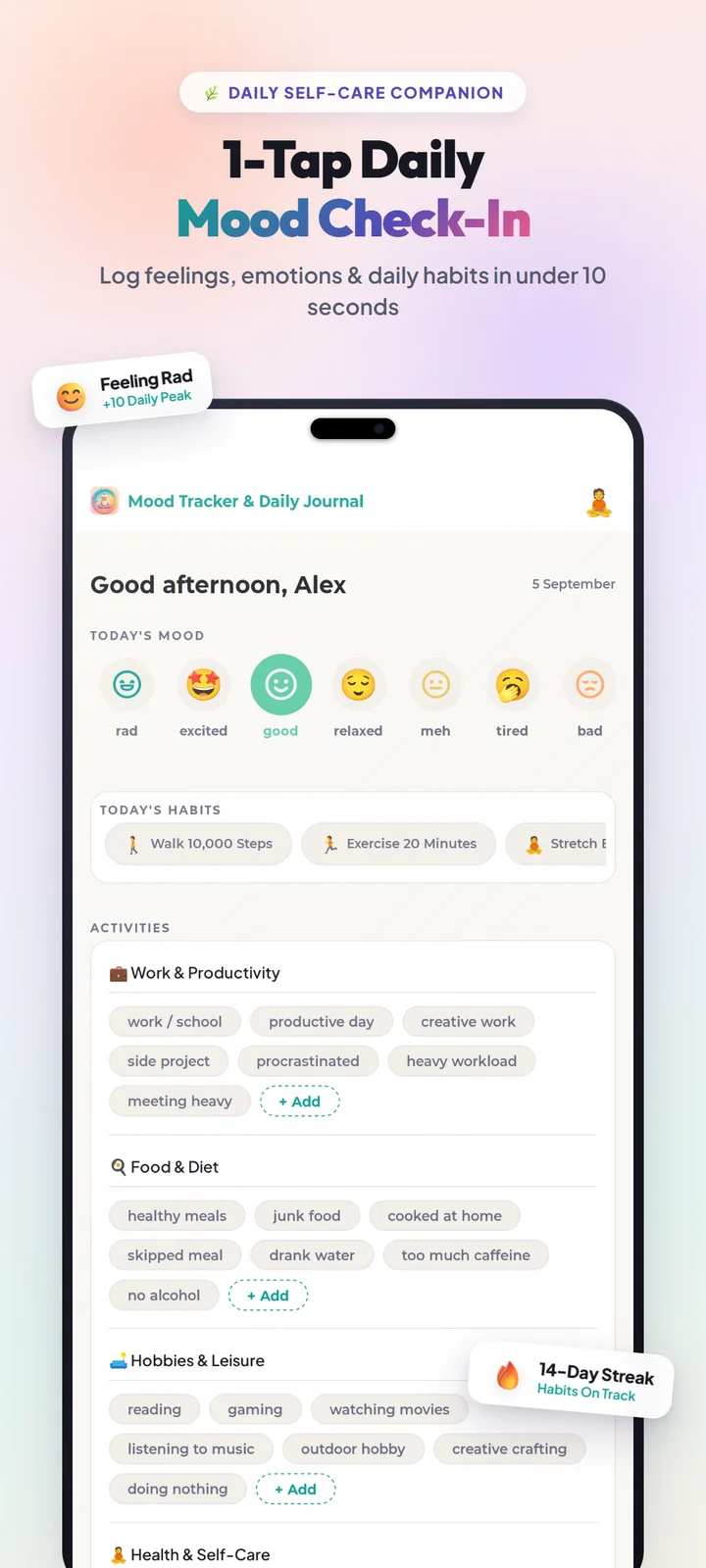 Log feelings, emotions & daily habits in under 10 seconds
