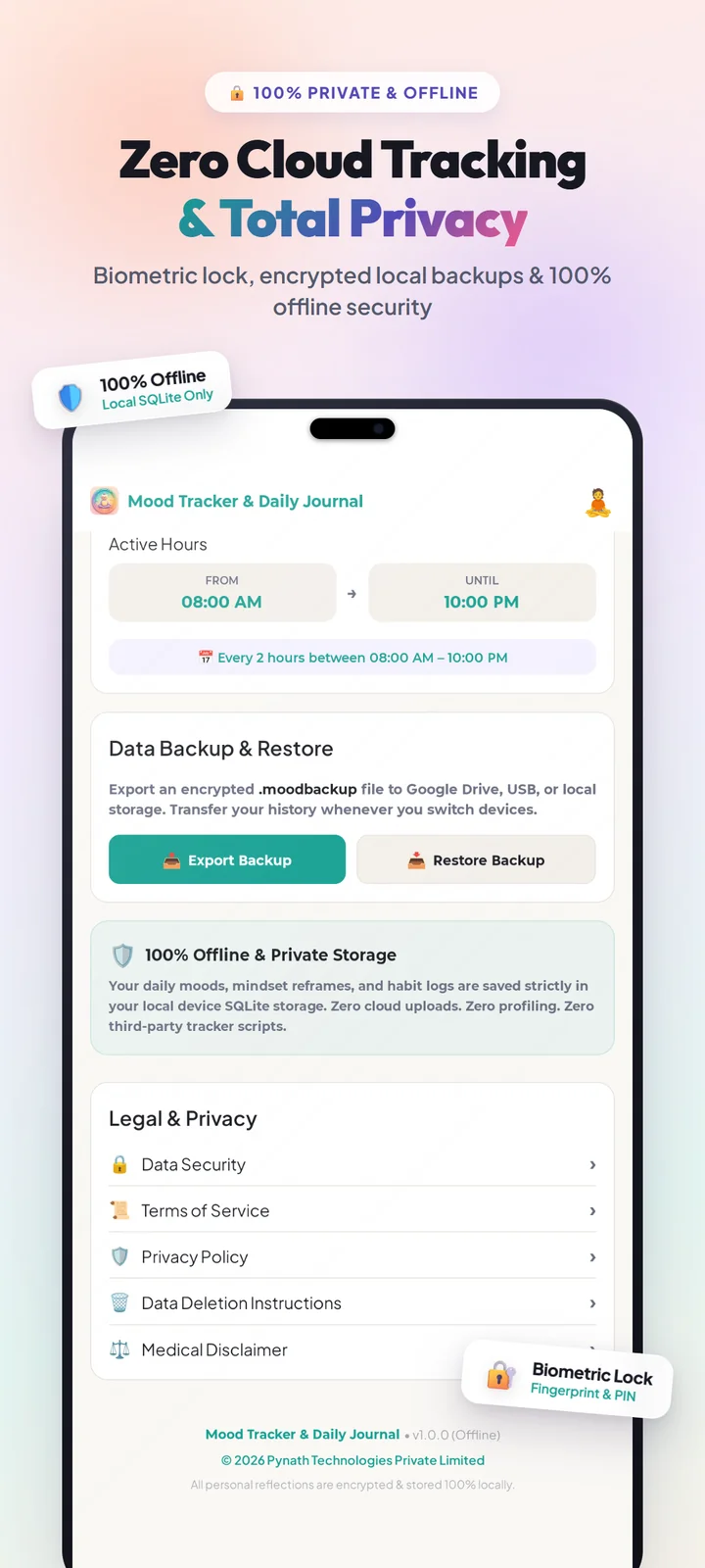 Biometric lock, tamper-evident local backups & 100% offline security
